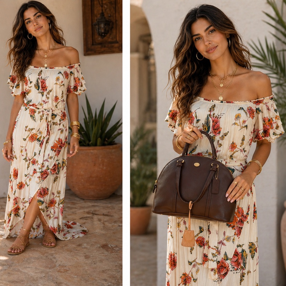 Quiksilver Off Shoulder Floral Maxi Dress Small Boho Wrap High Low NWOT - Picture 5 of 5